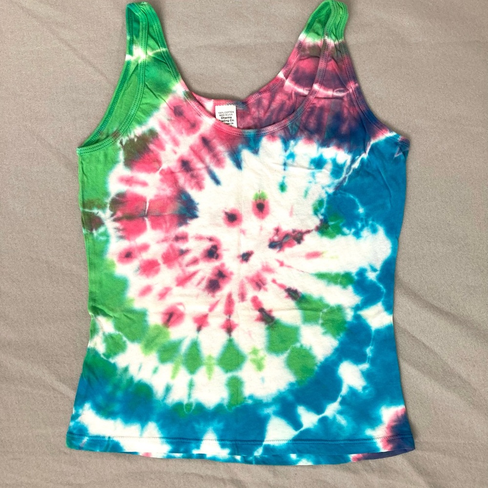 Pink, green, and turquoise blue spiral tie-dye tank top